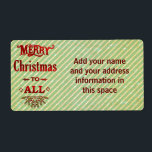 Vrolijk kerstfeest voor iedereen etiket<br><div class="desc">Deze feestlabels bevatten de woorden "Vrolijk kerstfeest voor allen" in felrood met verschillende lettertypen en bloeiingen. Onderaan staat een grotere mistletoe met groene bladeren en kleine rode bessen. Dit alles berust op een lichtgroene gestreepte achtergrond die gemaakt is om verkleurd/gevlekt te zien en op een /antiek manier te spuiten. Het...</div>