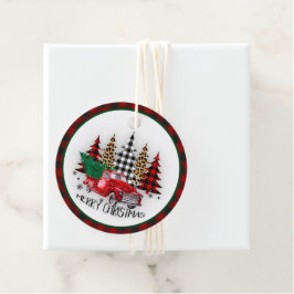 Vrolijk kerstfeest vrachtwagen en bomen bedankjes labels