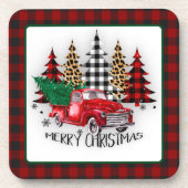 Vrolijk kerstfeest vrachtwagen en bomen bier onderzetter (Voorkant)