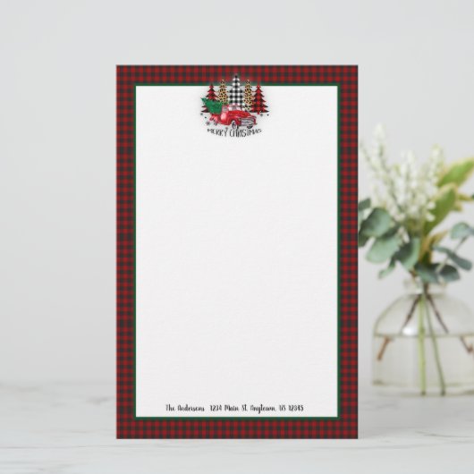 Vrolijk kerstfeest vrachtwagen en bomen briefpapier (Staand voorkant)