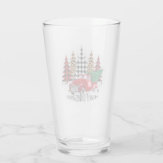 Vrolijk kerstfeest vrachtwagen en bomen glas (Achterkant)