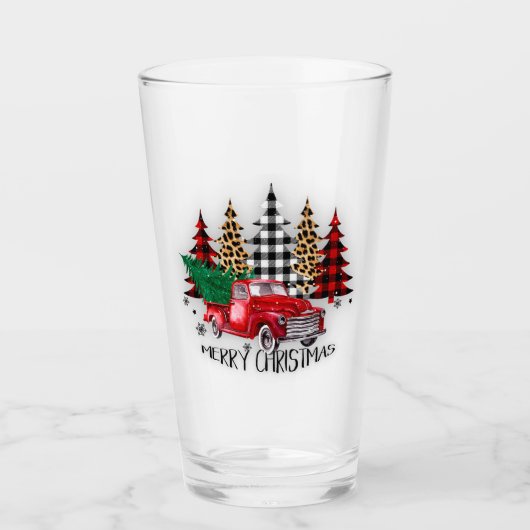 Vrolijk kerstfeest vrachtwagen en bomen glas (Voorkant)