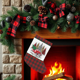 Vrolijk kerstfeest vrachtwagen en bomen kleine kerstsok