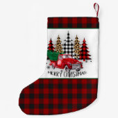 Vrolijk kerstfeest vrachtwagen en bomen kleine kerstsok (Achterkant)