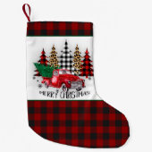 Vrolijk kerstfeest vrachtwagen en bomen kleine kerstsok (Voorkant)