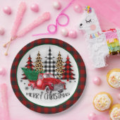 Vrolijk kerstfeest vrachtwagen en bomen papieren bordje (Feest)