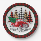 Vrolijk kerstfeest vrachtwagen en bomen papieren bordje (Voorkant)