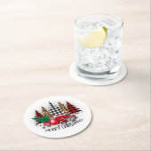 Vrolijk kerstfeest vrachtwagen en bomen ronde kartonnen onderzetter (Insitu)