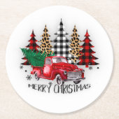 Vrolijk kerstfeest vrachtwagen en bomen ronde kartonnen onderzetter (Voorkant)