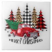 Vrolijk kerstfeest vrachtwagen en bomen tegeltje (Voorkant)