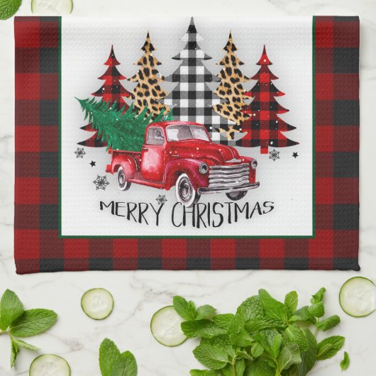 Vrolijk kerstfeest vrachtwagen en bomen theedoek (Gevouwen)