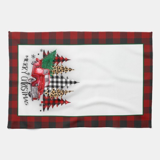 Vrolijk kerstfeest vrachtwagen en bomen theedoek (Horizontaal)