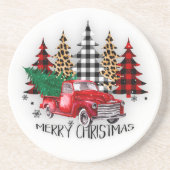 Vrolijk kerstfeest vrachtwagen en bomen zandsteen onderzetter (Voorkant)