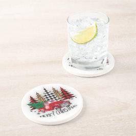 Vrolijk kerstfeest vrachtwagen en bomen zandsteen onderzetter