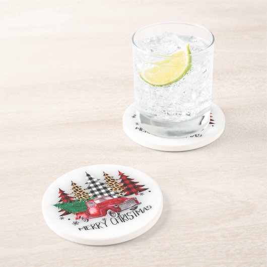 Vrolijk kerstfeest vrachtwagen en bomen zandsteen onderzetter (Zijkant)