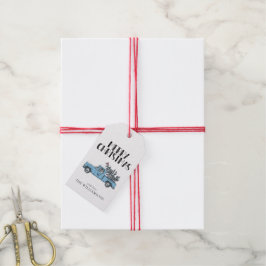 Vrolijk kerstfeest vrachtwagen en boom cadeaulabel