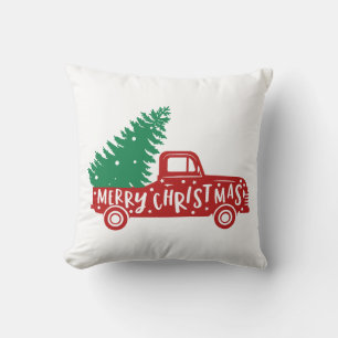 Vrolijk kerstfeest vrachtwagen met kerstboom kussen