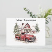 Vrolijk kerstfeest  vrachtwagen sneeuwdennenbomen feestdagenkaart (Staand voorkant)