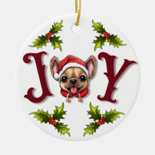 Vrolijk Kerstfeest Vreugde Schattige Franse Bulldo Keramisch Ornament