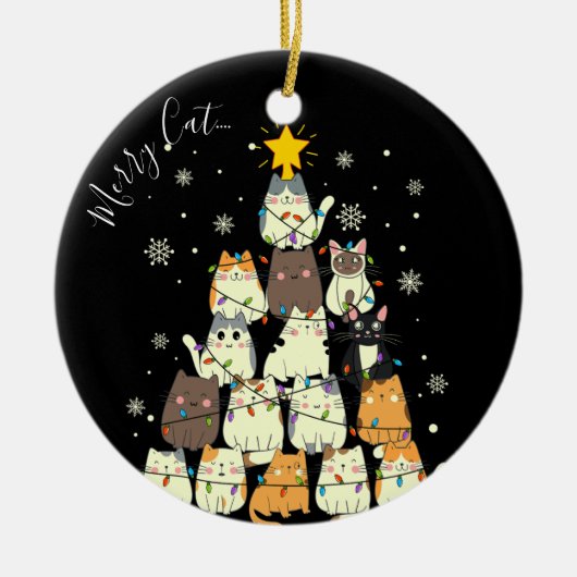 Vrolijk Kerstfeest Vrolijk Kat-Mas Kat Boom Keramisch Ornament (Voorkant)