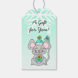 Vrolijk kerstfeest, vrolijk nieuwjaar muis met cad cadeaulabel
