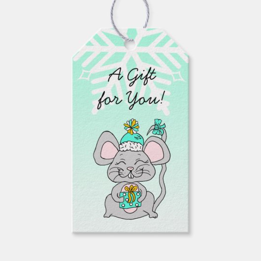 Vrolijk kerstfeest, vrolijk nieuwjaar muis met cad cadeaulabel (Voorkant)