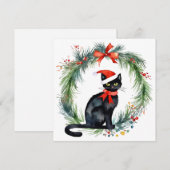 Vrolijk kerstfeest Waterverf Black Cat en krans Feestdagenkaart (Voorkant / Achterkant)