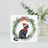 Vrolijk kerstfeest Waterverf Black Cat en krans Feestdagenkaart (Staand voorkant)