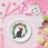 Vrolijk kerstfeest Waterverf Black Cat en krans Papieren Bordje (Feest)