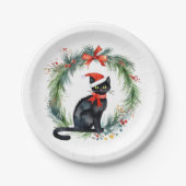 Vrolijk kerstfeest Waterverf Black Cat en krans Papieren Bordje (Voorkant)