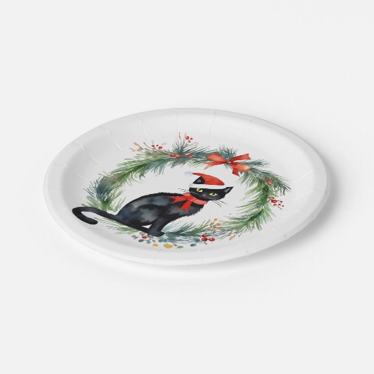 Vrolijk kerstfeest Waterverf Black Cat en krans Papieren Bordje (Gekanteld)