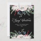 Vrolijk kerstfeest | Waterverf bloemen op zwart Feestdagenkaart (Voorkant)