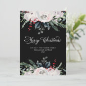 Vrolijk kerstfeest | Waterverf bloemen op zwart Feestdagenkaart (Staand voorkant)