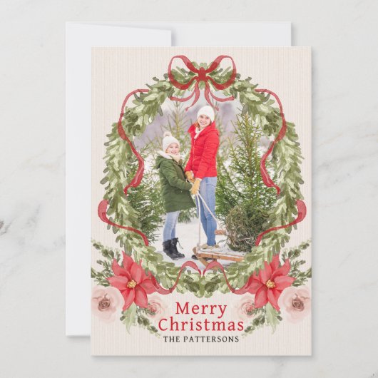 Vrolijk Kerstfeest Waterverf Bloemenboog Familie F Feestdagenkaart (Voorkant)