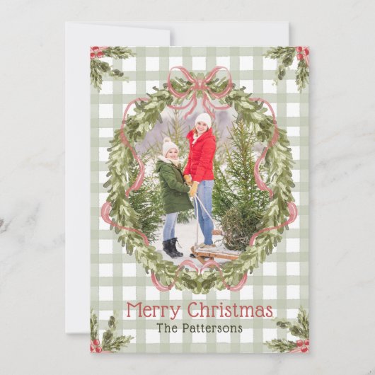 Vrolijk Kerstfeest Waterverf Bloemenboog Familie F Feestdagenkaart (Voorkant)