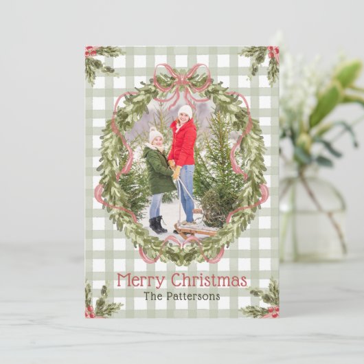 Vrolijk Kerstfeest Waterverf Bloemenboog Familie F Feestdagenkaart (Staand voorkant)