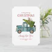 Vrolijk kerstfeest | Waterverf Blue Truck Feestdagenkaart (Staand voorkant)