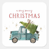 Vrolijk kerstfeest | Waterverf Blue Truck Holiday Vierkante Sticker (Voorkant)