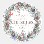 Vrolijk Kerstfeest Waterverf Botanische Krans Ronde Sticker (Voorkant)