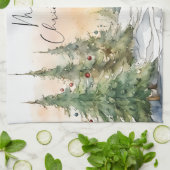 Vrolijk kerstfeest Waterverf dennenbomen Theedoek (Gevouwen)