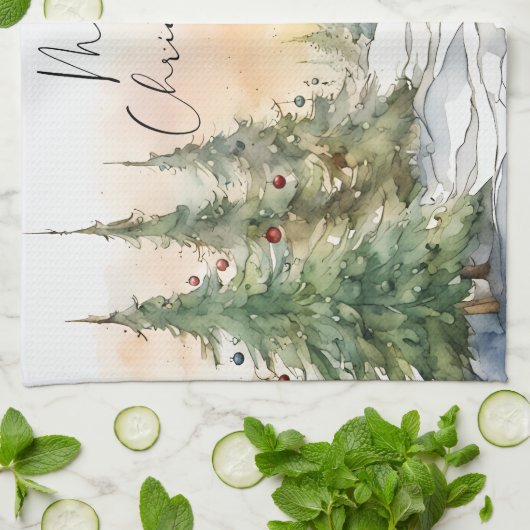 Vrolijk kerstfeest Waterverf dennenbomen Theedoek (Gevouwen)