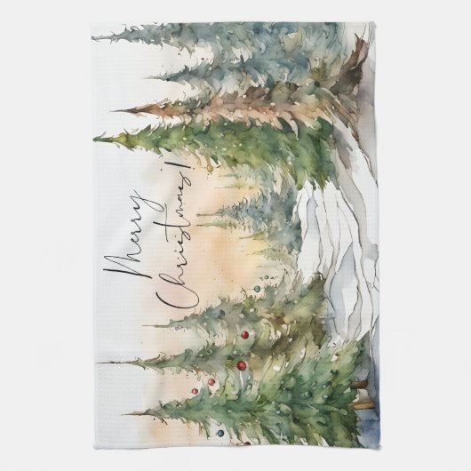 Vrolijk kerstfeest Waterverf dennenbomen Theedoek (Verticaal)