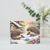 Vrolijk kerstfeest Waterverf egels in het bos Feestdagenkaart (Staand voorkant)