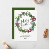 Vrolijk kerstfeest Waterverf Floral Wreath Notitiekaartje (Voorkant / Achterkant in situ)