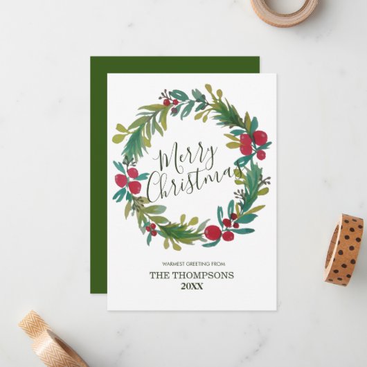 Vrolijk kerstfeest Waterverf Floral Wreath Notitiekaartje (Voorkant / Achterkant in situ)