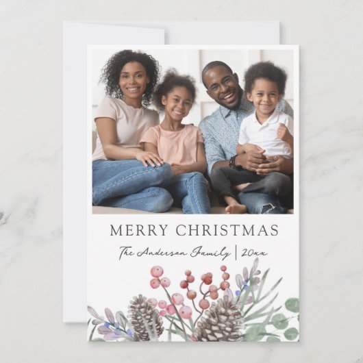 Vrolijk Kerstfeest Waterverf Foliage & Foto Feestdagenkaart (Voorkant)