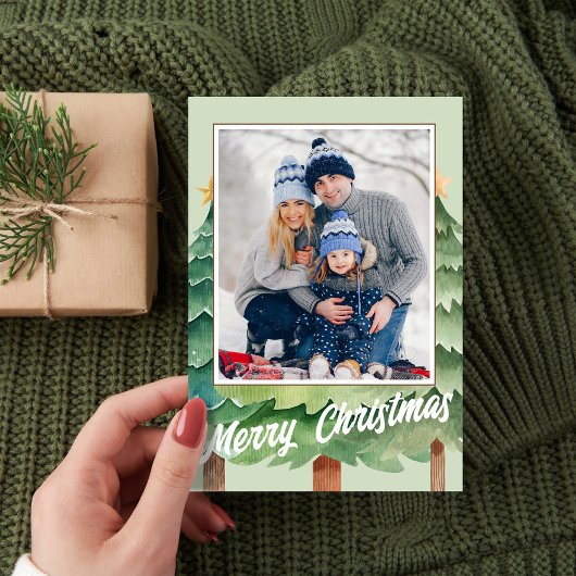 Vrolijk Kerstfeest Waterverf Foto Kerstbomen Feestdagenkaart