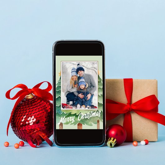 Vrolijk Kerstfeest Waterverf Foto Kerstbomen Feestdagenkaart