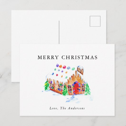 Vrolijk kerstfeest Waterverf GingerBrood House Art Feestdagenkaart (Voorkant / Achterkant)