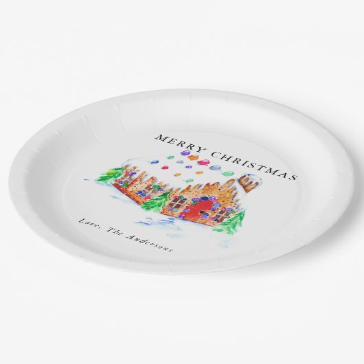 Vrolijk kerstfeest Waterverf Gingerbrood House Cut Papieren Bordje (Gekanteld)